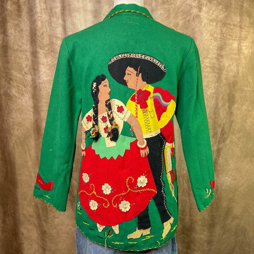 Vintage 40s Mexican Wool Jacket Patchwork Felt Dancers Green Southwestern 1940s